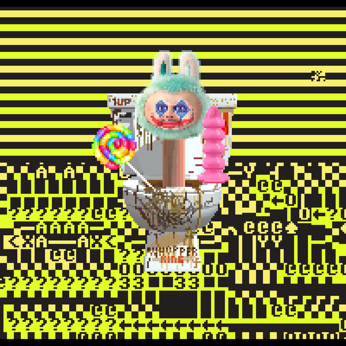 A pixel art style image featuring a surreal scene with a character wearing a teal bunny hood emerging from a toilet, holding a rainbow lollipop, set against a glitchy yellow and black background with 'RAIDER KING' text.