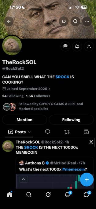 A mobile screenshot of the X (Twitter) profile for 'TheRockSOL' (@RockSol2), featuring a profile picture made of rock, the bio 'CAN YOU SMELL WHAT THE $ROCK IS COOKING?', and a pinned post promoting '$ROCK' as the 'NEXT 1000x MEMECOIN'.