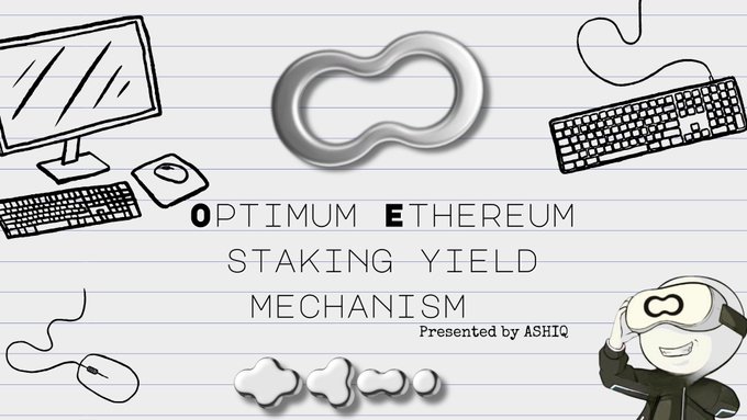 The image features a poster with a cartoon character wearing glasses and holding a computer mouse, surrounded by various computer-related objects such as keyboards, mice, and monitors. The poster also includes text that reads "Optimium Ethereum Staking Yield Mechanism presented by ASHQ".
