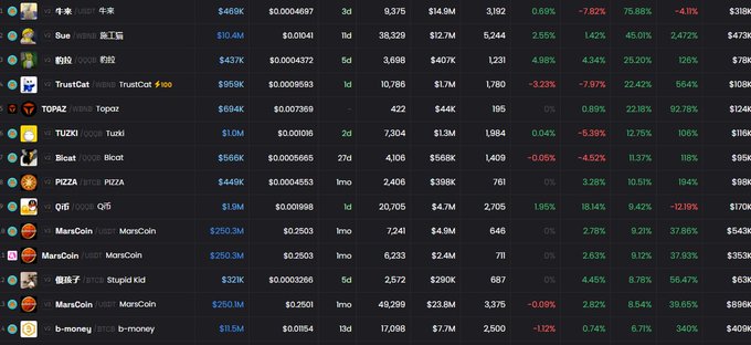 A cryptocurrency tracking website displays various meme coins including FUSE, 狗狗 (Shiba), TrustCat (TrustCat #109), TOPAZ, TUZKI, Bcat, PIZA, Qit5, MarsCoin, 傻子 (Stupid Kid), and b-money with their prices, market caps, and percentage changes in green and red.