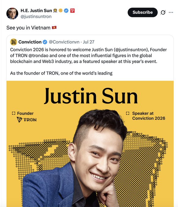 A tweet by H.E. Justin Sun (@justinsuntron) says "See you in Vietnam 🇻🇳" alongside a quote-tweet from Conviction announcing his appearance as a featured speaker at Conviction 2026, identifying him as the Founder of TRON (@trondao) and highlighting him as "one of the most influential figures in the global blockchain and Web3 industry."