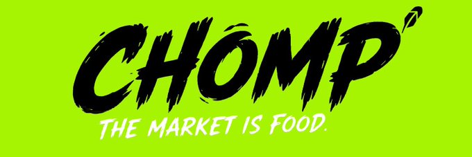 A bright green graphic featuring the word 'CHOMP' in bold black brush-style lettering with the tagline 'THE MARKET IS FOOD.' underneath.