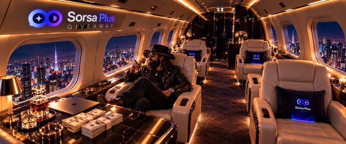A promotional graphic for a 'Sorsa Plus GIVEAWAY' showing a person in a cowboy hat relaxing in a luxurious private jet interior with city skyline views at night.