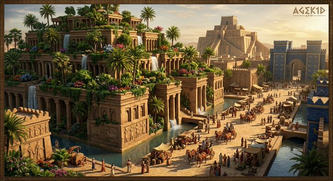 An artistic illustration depicts an ancient Mesopotamian city with terraced, lush gardens, waterfalls, palm trees, and bustling crowds near a ziggurat and blue Ishtar-style gate, branded 'AGEKID' in the corner.