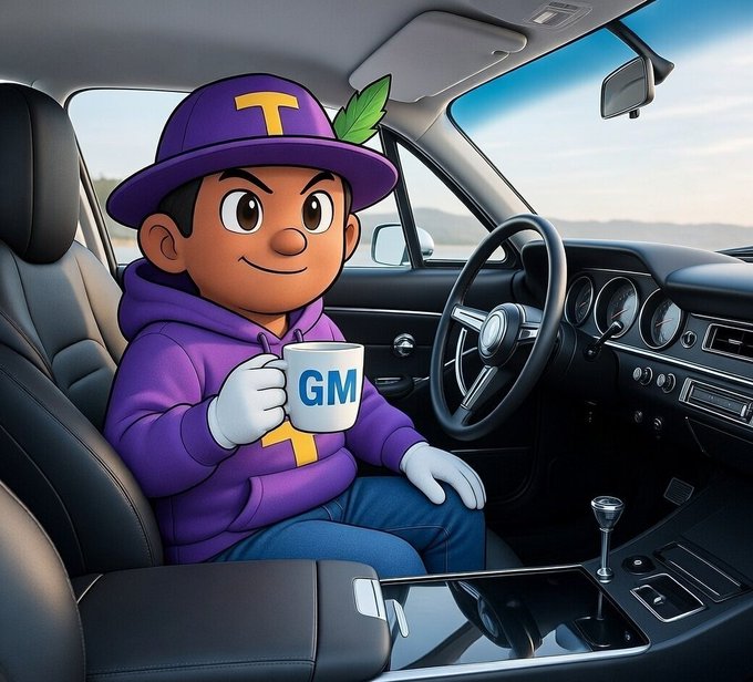 A cartoon character wearing a purple cap and hoodie with "T" logos, sitting in a car and holding a mug with "GM" on it.
