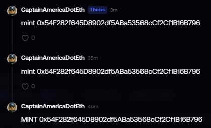 A screenshot of Twitter posts by 'CaptainAmericaDotEth' showing repeated mint transaction hashes for the address starting with '0x54F282f645D8902df5ABa53568cCf2C1f1816B796'.