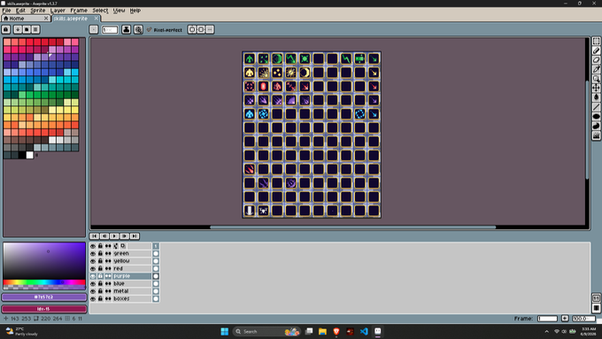 The image shows a computer screen with a game window displaying a grid of icons, possibly for a video game or an educational program. The icons include various colors such as blue, purple, green, orange, yellow, pink, and white. The text in the image reads "Hand painting each skill icon is stupid... doing it anyways #LitVM #Litecoin". This message seems to be related to the content of the game or educational program displayed on the screen.
