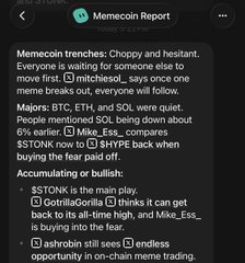 A meme token report on $STONK2 highlights memecoin trends, mentioning BTC, ETH, SOL, and SOL, with the analyst noting $mitchelson and $STONK being down 61% and 50% respectively before recommending buying the fear, aligning with the post's "nice bottom soon?" sentiment.