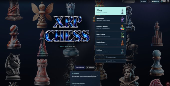The main menu screen for a video game called 'XRP CHESS,' with the tagline 'When Chess Meets Art,' displaying buttons for Watch Live, Places & boards, Learn chess, and Leaderboard.