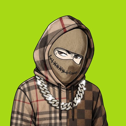 An illustration of a figure wearing a plaid hooded jacket and a tan knit balaclava with a stitched mouth design, accessorized with a sparkling silver chain necklace against a green background.