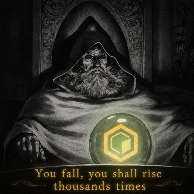 The image features a man dressed as a wizard or a monk wearing a robe and holding a crystal ball. The caption below the image reads "You fall, you shall rise thousands times". This phrase suggests that the man's character has been affected by an external force, possibly due to his actions or circumstances in the post. The presence of the crystal ball adds an element of mystery and intrigue to the scene.