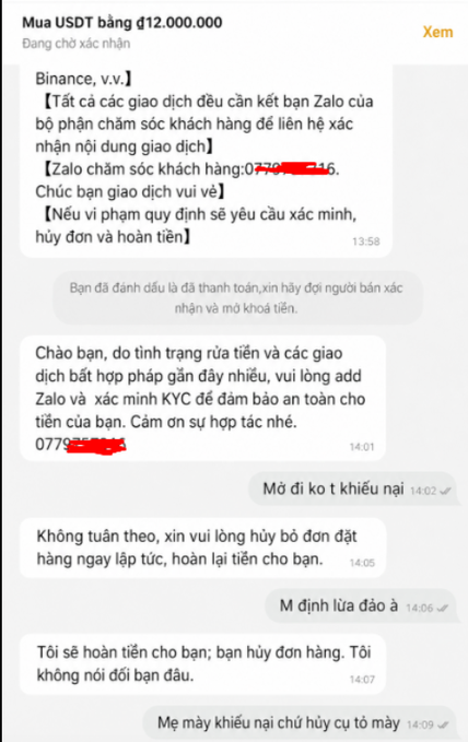 A Vietnamese chat conversation screenshot regarding purchasing USDT for 12,000,000 VND through Binance, showing messages between buyer and seller about the transaction.