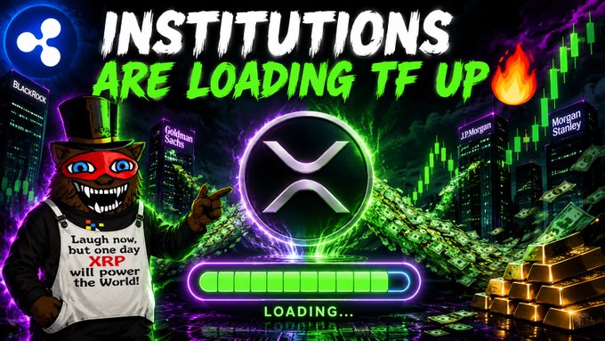 A cartoon mascot in a top hat and red mask stands beside a glowing XRP loading bar, with the XRP logo surrounded by piles of cash and towering financial institution buildings labeled "BlackRock," "Goldman Sachs," "JPMorgan," and "Morgan Stanley." The bold headline "INSTITUTIONS ARE LOADING TF UP" with a fire emoji reinforces the post's claim about record-breaking XRP spot ETF inflows and institutional accumulation while retail remains unaware.