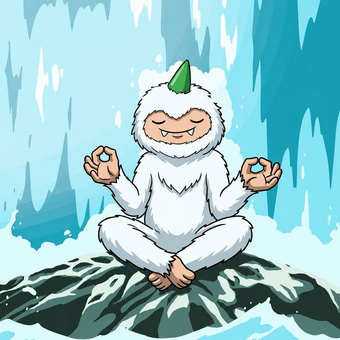 The image depicts a white, furry animal sitting cross-legged on some rocks with its arms and legs crossed while maintaining an airy pose as if performing meditation or doing yoga. There are multiple people involved in the scene, but they seem to be focused on something outside the frame. The overall atmosphere suggests that the person in the image is in a calm and meditative state despite external distractions.