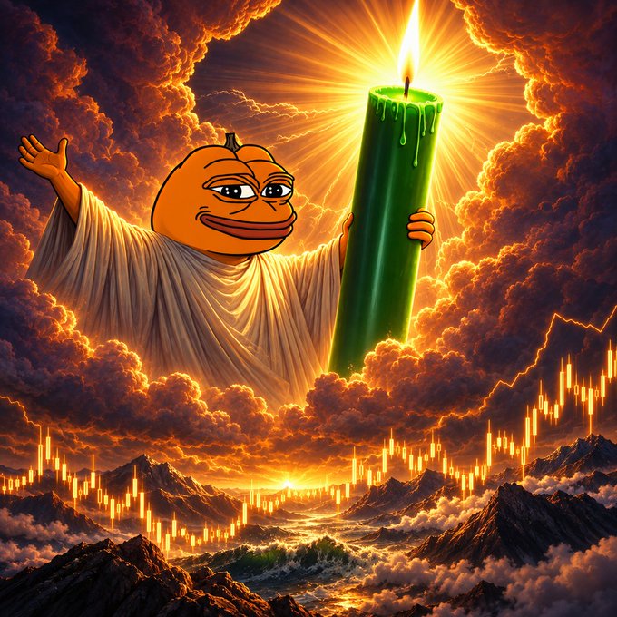 A digital artwork of a Pepe the Frog character dressed as Jesus in a toga, holding a giant lit green candle in a heavenly, cloudy landscape.