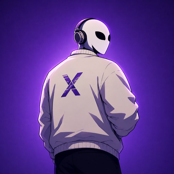 An anime-style illustration shows a figure from behind wearing a white mask, headphones, and a white jacket with a large purple 'X' on the back, set against a purple background.