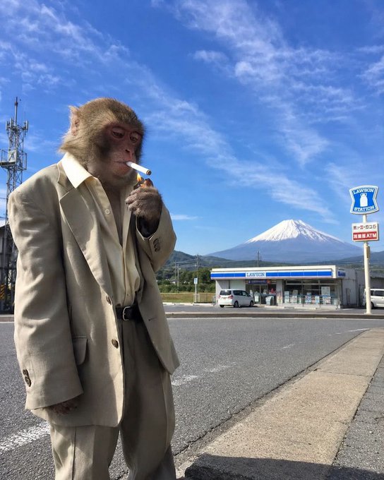 A monkey wearing a beige trench coat lights a cigarette while standing on a street with Mount Fuji and a Lawson convenience station in the background.
