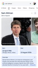 The image shows a Google search snippet for "sam altman," displaying his date of birth (22 April 1985) and a brief overview describing him as an American entrepreneur and investor known as the chief executive officer of the artificial intelligence company OpenAI since 2019, and the CEO of OpenAI since 2020. The post appears to be a meme referencing Altman, with the caption humorously framing his high-profile role at OpenAI as a "larp" (live-action role-play).