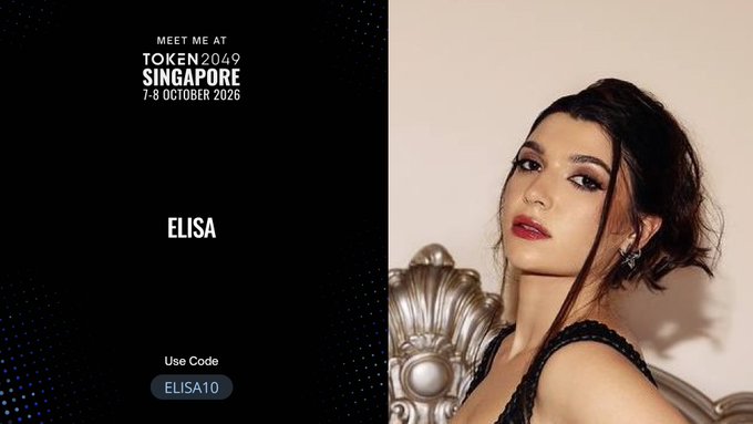A promotional banner for TOKEN2049 Singapore (7-8 October 2026) features a woman identified as ELISA, with a discount code 'ELISA10' displayed.