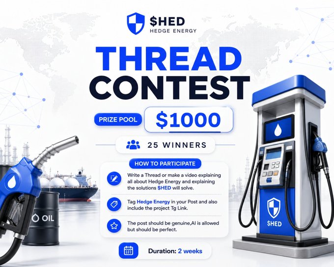 A promotional graphic for Hedge Energy's "$HED THREAD CONTEST" featuring a $1000 prize pool for 25 winners, displaying instructions to write threads/videos about Hedge Energy and tag them on social media, alongside imagery of a fuel pump, oil barrels, and tanker ship to visually reinforce the company's focus on hedging fuel price volatility.