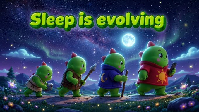 An illustration showing the evolution of a green creature from caveman to modern times under the text 'Sleep is evolving' against a starry night sky.