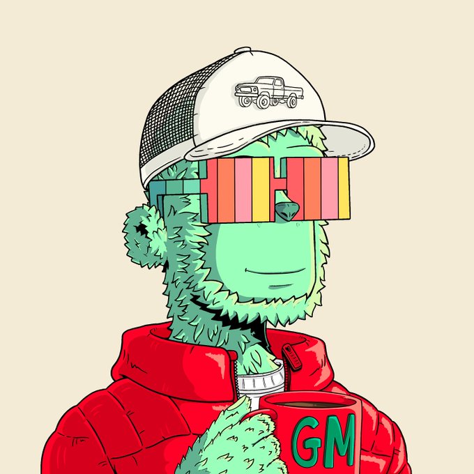 Illustration of a green furry character wearing a trucker hat with a truck graphic, pixelated sunglasses in orange, yellow, and pink stripes, and a red puffer jacket while holding a green mug labeled 'GM'.