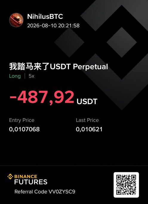 A Binance Futures screenshot shows user NihilusBTC's losing long position on USDT Perpetual at 5x leverage, resulting in a -487.92 USDT loss with entry price 0.0107068, humorously captioned "Up" to highlight the irony of the negative outcome.