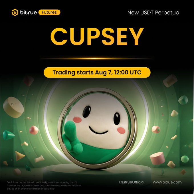 Bitrue Futures promotional graphic announcing "CUPSEY" as a new USDT Perpetual, with trading starting Aug 7, 12:00 UTC, featuring a green smiley mascot in a porthole, @BitrueOfficial watermark, and disclaimer text.