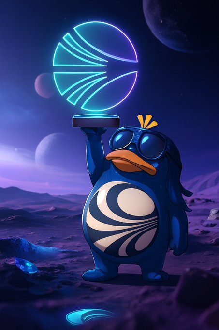 A blue penguin mascot wearing sunglasses holds up a glowing neon "Sonic" logo on a pedestal, set against a cosmic alien landscape with planets and rocky terrain, symbolizing Sonic Labs' cosmic potential and forward-looking identity in the crypto space.