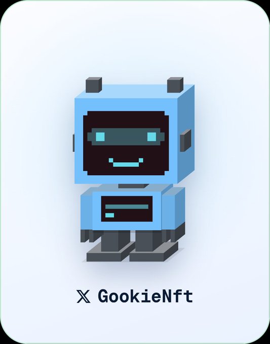 A blue pixel-art robot NFT character labeled 'GookieNft' displayed against a white background.