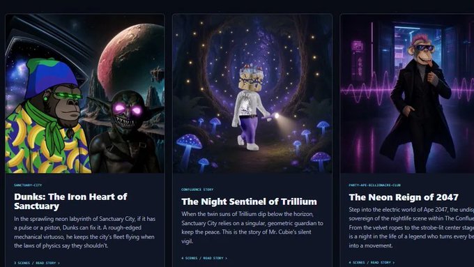 Three story cards from an NFT collection with titles: 'Dunks: The Iron Heart of Sanctuary', 'The Night Sentinel of Trillium', and 'The Neon Reign of 2047'.