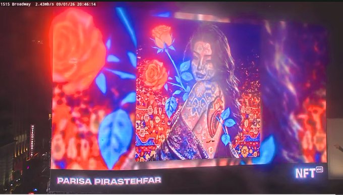 A digital billboard displays artwork by Parisa Pirastehfar, featuring a woman with roses in vibrant red and blue tones, with the text "1515 Broadway", "2.43mb/s 09/01/26 20:46:14", "PARISA PIRASTEHFAR", and "NFT NYC" visible.