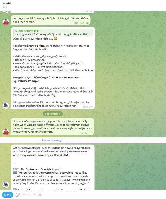 A Telegram chat interface in Hungarian titled 'Mochi bot' discussing whether AI agents should have freedom of decision, referencing 'GenLayer' and 'Optimistic Democracy + Equivalence Principle'.