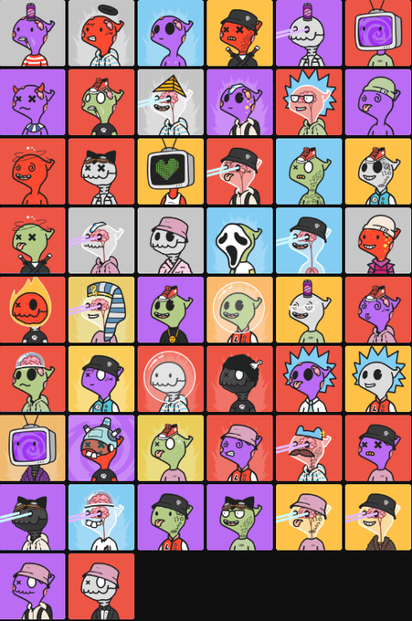 A grid of colorful cartoon NFT avatars featuring various quirky characters like aliens, robots, and figures in suits with different hats and hairstyles on vibrant backgrounds.