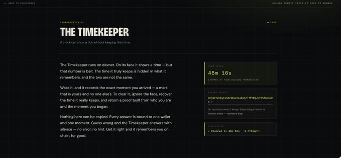 A dark-themed webpage describing 'THE TIMEKEEPER' blockchain transaction puzzle showing 45m 16s elapsed time.