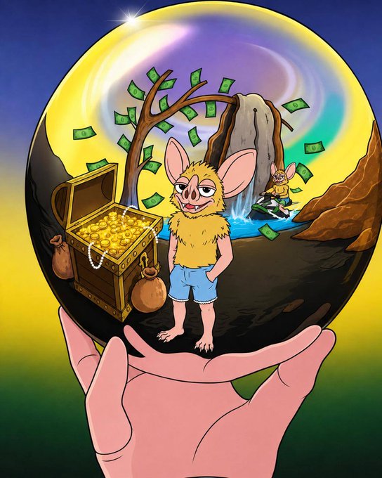 A digital illustration shows a hand holding a crystal ball containing a fantasy scene with two furry creatures with large ears, one standing by an open treasure chest filled with gold coins, and money floating in the air.