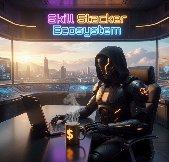 The image features a robot sitting at a desk, working on a laptop computer while holding a coffee cup. There are two monitors behind him, one of which displays a city skyline with tall buildings. The text "SKILL STACKER ECOSYSTEM" is written above and to the right of the robot's workspace.