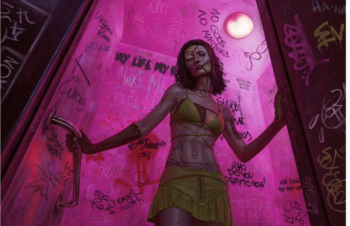 A digital illustration depicts a woman in a green crop top and skirt with fake blood, holding a pipe in a graffiti-covered pink bathroom stall.