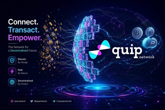 A promotional graphic for 'quip network' features a globe made of digital blocks, cryptocurrency symbols, and the tagline 'Connect. Transact. Empower.' along with contact handles.