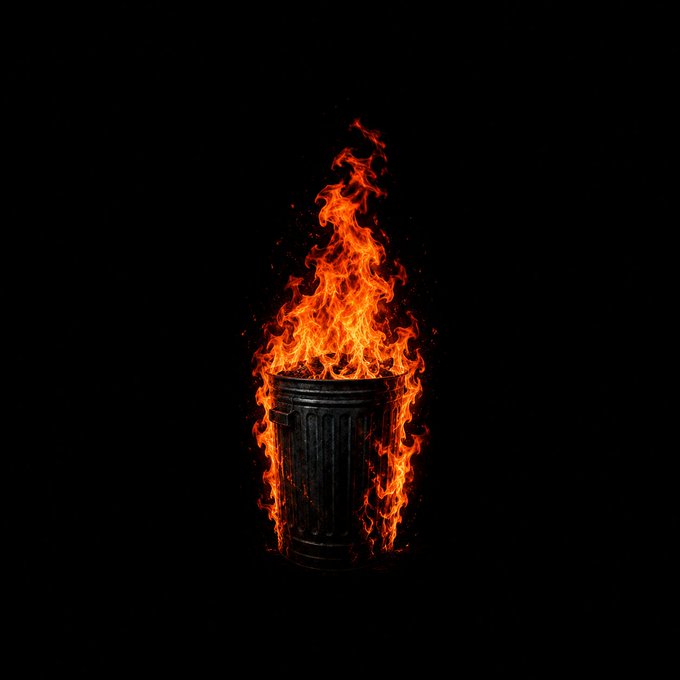 A black metal trash can engulfed in bright orange flames against a dark black background