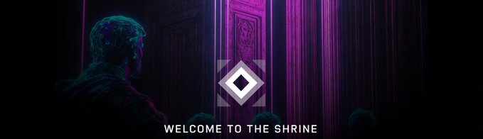 A dark, atmospheric promotional image featuring a hooded figure facing a doorway with the text 'WELCOME TO THE SHRINE' at the bottom.