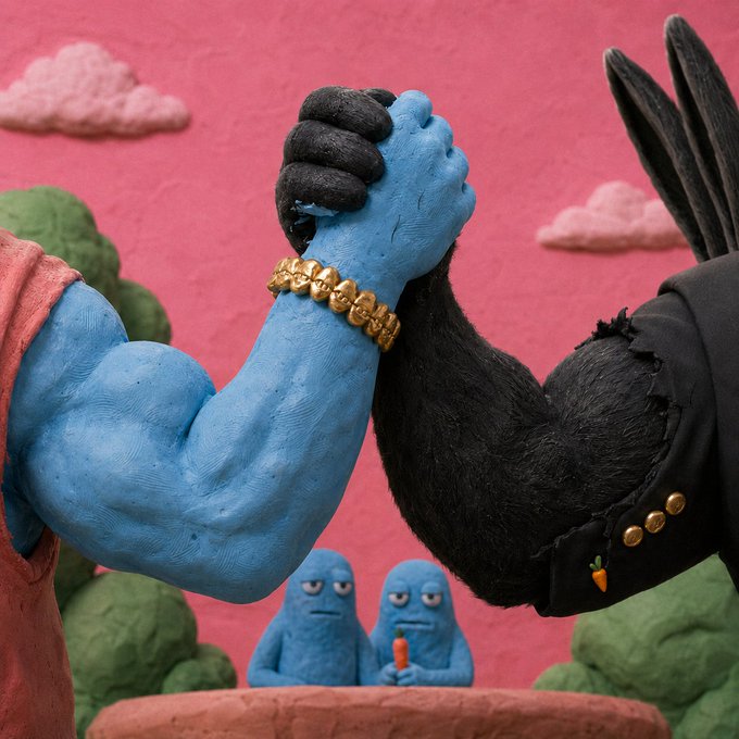 A stop-motion claymation scene shows two muscular blue arms—one beaded with a gold bracelet and the other a black furry clawed hand—clasping hands in a handshake or arm-wrestling grip against a pink sky with puffy clouds, while two small blue blob-like characters watch from below. The playful, cartoonish art style by artist Olli_Maktas mirrors the post's casual tone about the "t00ns" NFT mint day, with the handshake symbolizing a deal, partnership, or allocation agreement tied to the Bunnz project.