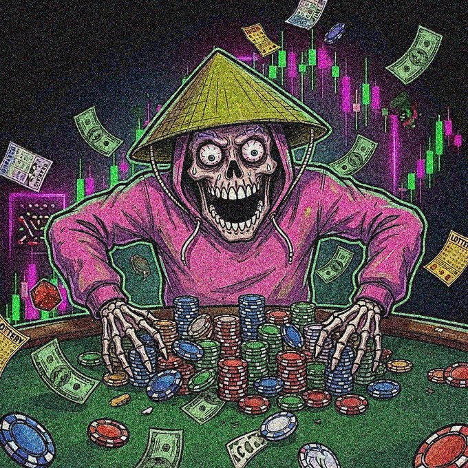 An illustration depicts a skeletal figure wearing a pink hoodie and a yellow conical hat, sitting at a green gambling table covered in chips and cash with a stock chart in the background.