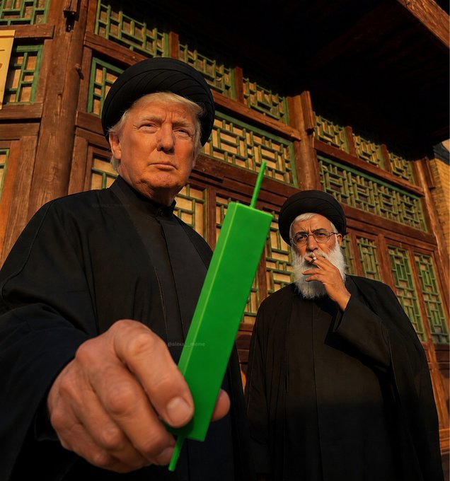 A caricature of Donald Trump and an Iranian religious leader stand before a traditional wooden building; the man on the left holds a large green object resembling a USB drive, with the watermark '@kaleido_studio' visible, likely referencing digital assets like Bitcoin.