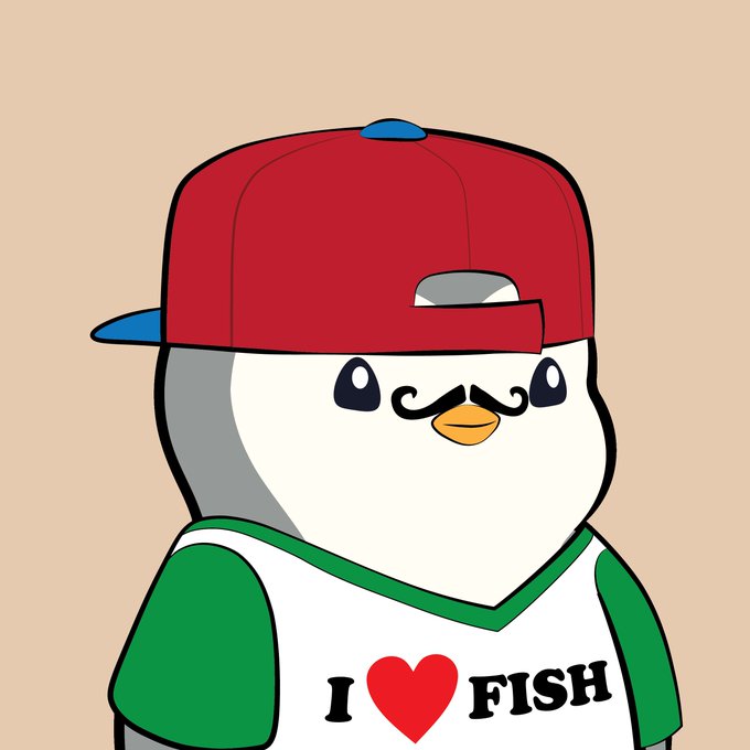 A cartoon penguin wearing a red cap backward and a shirt reading "I ❤ FISH" is shown, representing Pudgy Penguin #6788, which was purchased for 3.998 ETH on Blur according to the accompanying post.
