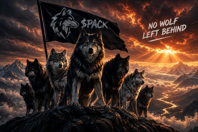 An illustration of a pack of wolves standing on a rocky peak beneath a black flag reading '$PACK,' accompanied by the slogan 'NO WOLF LEFT BEHIND' against a dramatic sunset mountain landscape.