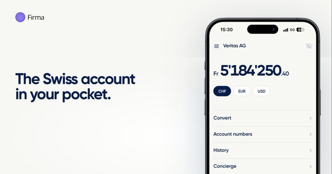 Firma advertisement featuring the tagline "The Swiss account in your pocket." displayed next to a smartphone showing the Firma app for Veritas AG with a balance of Fr 5'184'250.40 and menu options including Convert, Account numbers, History, and Concierge.