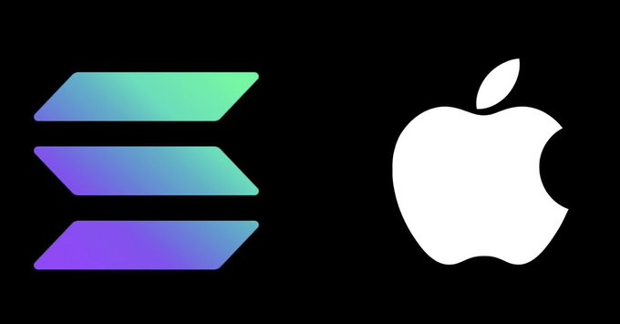 The image features a black square with two logos side by side - a green and purple arrow and an apple logo. Below the images, there's some text that says "Solana will be bigger than Apple," which suggests that the solana network may be larger or more dominant in comparison to the company represented by the apple logo. The text is placed below the two logos, creating a visually balanced layout.