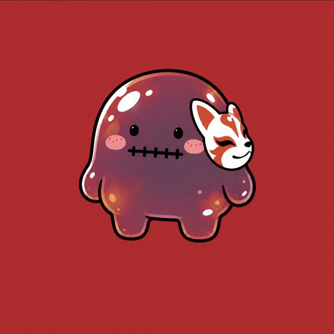 A cute cartoon illustration of a purple blob-like creature with a stitched mouth and a Shiba Inu dog peeking out from its side, set against a solid red background.