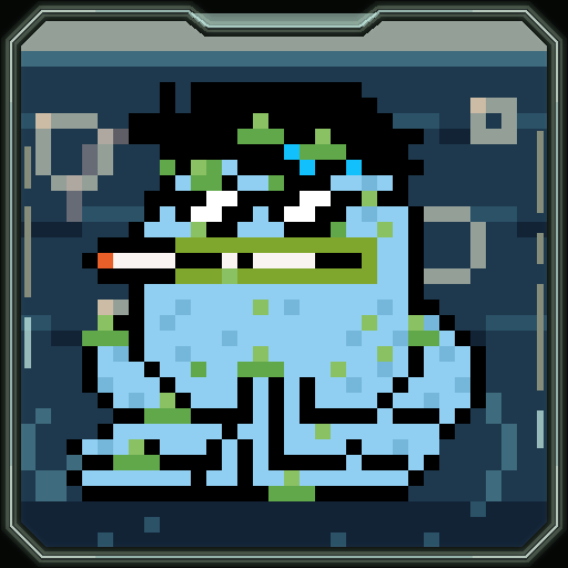 A pixel art sprite of a blue, moss-covered creature with angry white eyes and a red mark, displayed within a gray frame on a dark blue background.